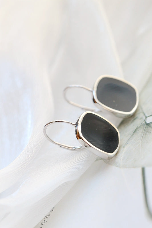 925 Sterling Silver Earrings Lady Retro Style Charm Inlaid Natural Black Agate Square Earring