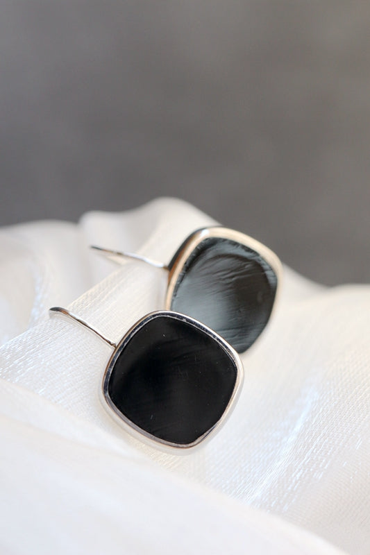 925 Sterling Silver Earrings Lady Retro Style Charm Inlaid Natural Black Agate Square Earring