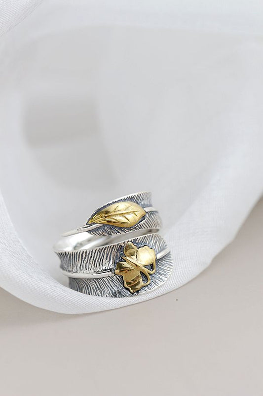 925 Sterling Silver Ring Vintage Natural Leaf And Butterfly Decoration Open Adjustable Feather-Shaped Ring Gifts