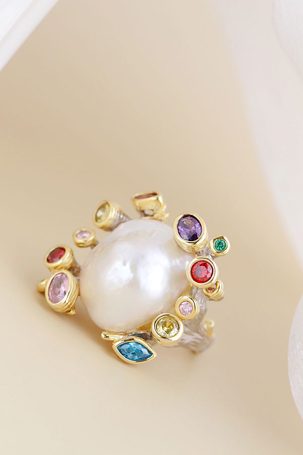 Authentic 925 Sterling Silver Ring Inlaid Natural Baroque Pearl 18K Gold Plated Ring Lady Fashion High Quality Jewelry Gift