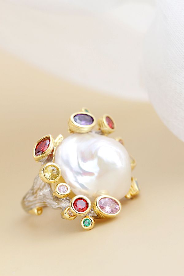 Authentic 925 Sterling Silver Ring Inlaid Natural Baroque Pearl 18K Gold Plated Ring Lady Fashion High Quality Jewelry Gift