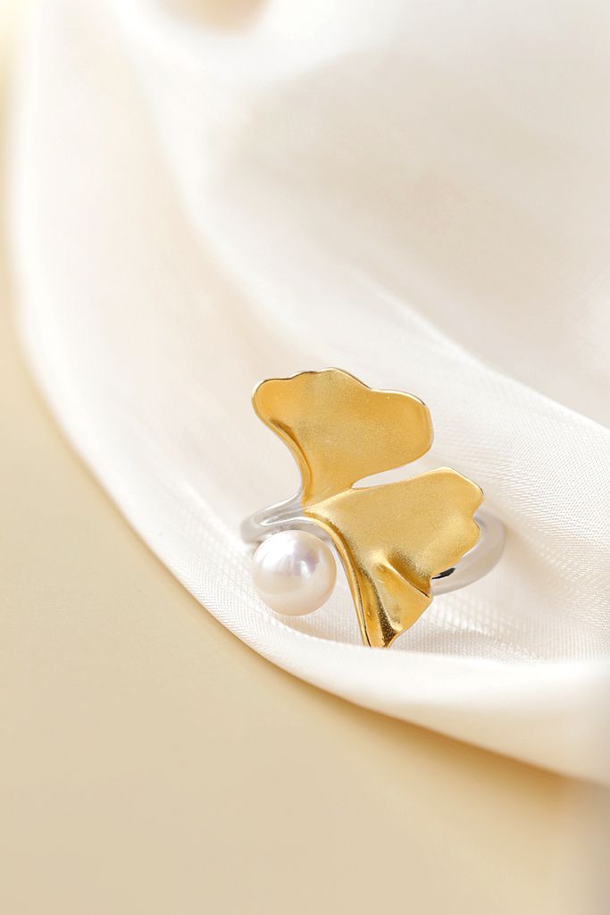 925 Sterling Silver Ring Fashion 18K Gold Plated Gingko Leaf Open Adjustable Ring
