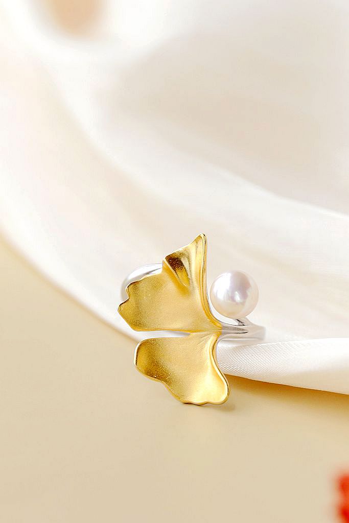 925 Sterling Silver Ring Fashion 18K Gold Plated Gingko Leaf Open Adjustable Ring