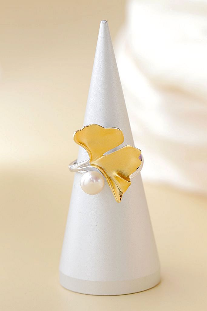 925 Sterling Silver Ring Fashion 18K Gold Plated Gingko Leaf Open Adjustable Ring