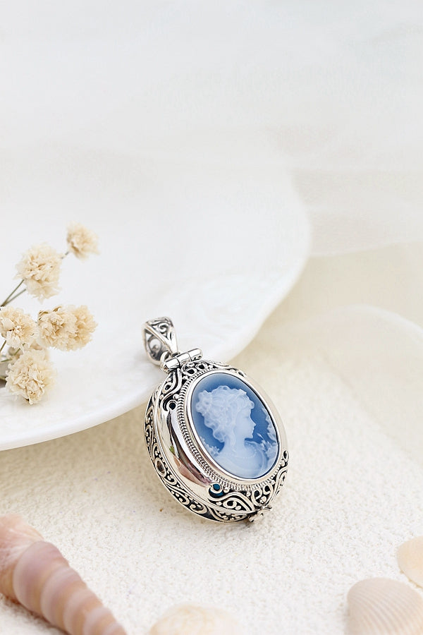 925 Sterling Silver Pendant Lady Cameo Retro Style Silver Inlaid Blue Agate Pendant