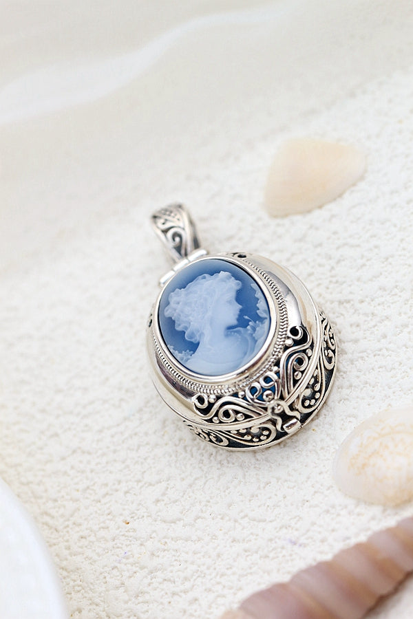 925 Sterling Silver Pendant Lady Cameo Retro Style Silver Inlaid Blue Agate Pendant