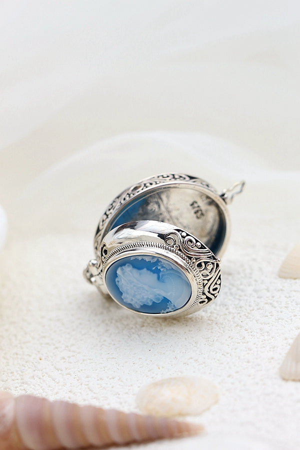 925 Sterling Silver Pendant Lady Cameo Retro Style Silver Inlaid Blue Agate Pendant