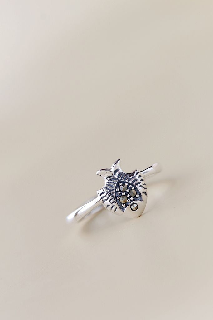 925 Sterling Silver Small Fish Ring Lady Retro Style Thai Silver Inlaid Marcasite Ring Concise Trendy Jewelry Gift