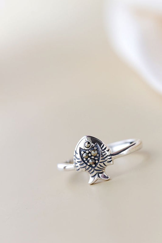 925 Sterling Silver Small Fish Ring Lady Retro Style Thai Silver Inlaid Marcasite Ring Concise Trendy Jewelry Gift