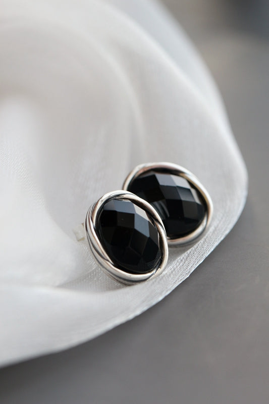 Authentic 925 Sterling Silver Earrings Lady Retro Style Charm Inlaid Black Agate Oval Earstuds Concise Trendy Jewelry Gift