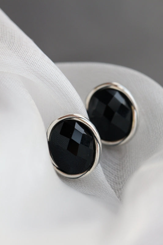 Authentic 925 Sterling Silver Earrings Lady Retro Style Charm Inlaid Black Agate Oval Earstuds Concise Trendy Jewelry Gift