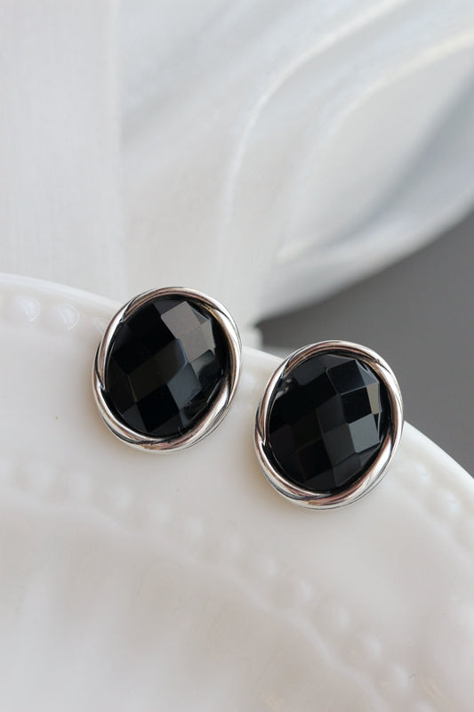 Authentic 925 Sterling Silver Earrings Lady Retro Style Charm Inlaid Black Agate Oval Earstuds Concise Trendy Jewelry Gift
