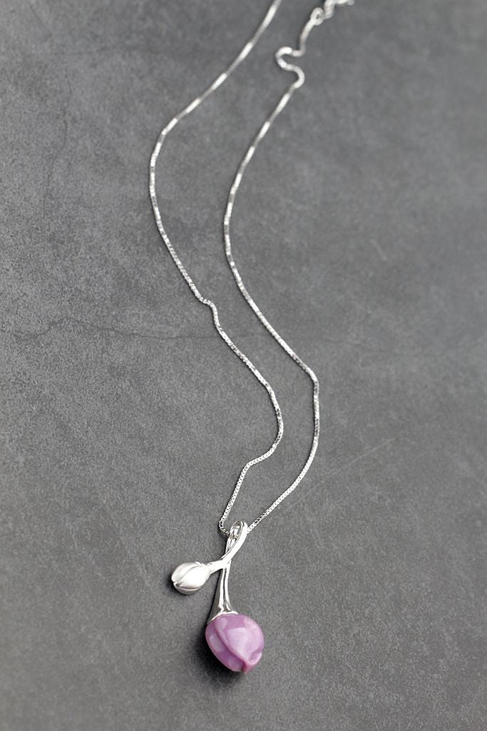 925 Sterling Silver Pendant Retro Style Magnolia Petal Design Inlaid Natural lepidolite Creative Trendy Pendant
