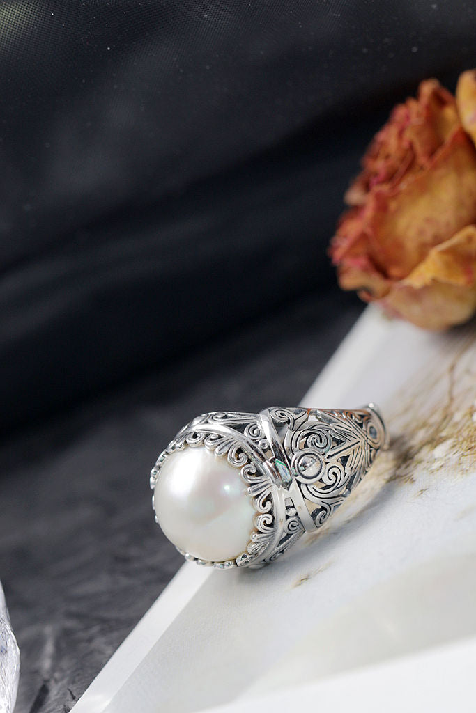 Inlaid Natural Mabe Pearl Adjustable Rings Trendy Combines Vintage Elements with Design 925 Sterling Silver Rings Jewelry Gift