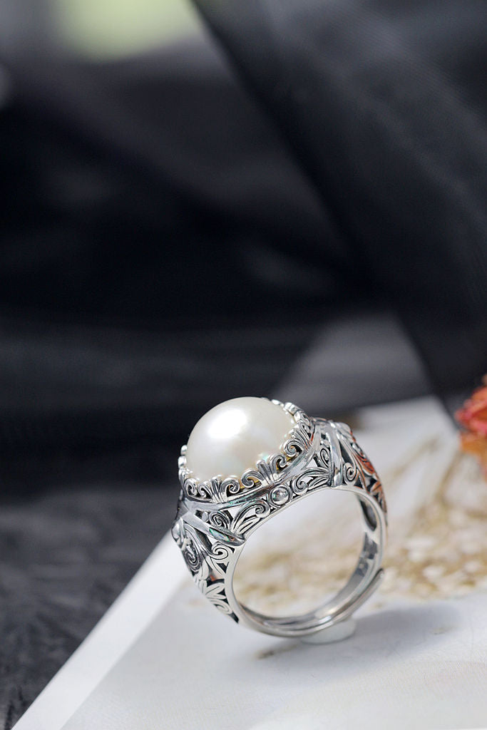 Inlaid Natural Mabe Pearl Adjustable Rings Trendy Combines Vintage Elements with Design 925 Sterling Silver Rings Jewelry Gift