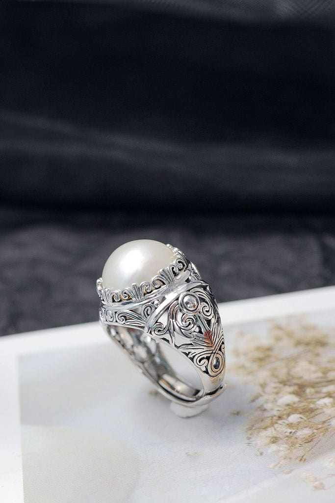 Inlaid Natural Mabe Pearl Adjustable Rings Trendy Combines Vintage Elements with Design 925 Sterling Silver Rings Jewelry Gift