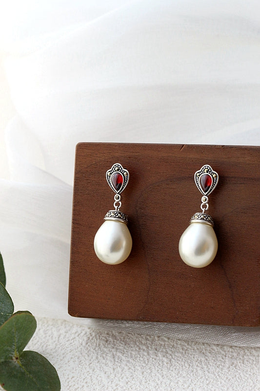 Authentic 925 Sterling Silver Lady Retro Charm Inlaid Trendy Style Imitation Pearl and Red Zircon Earring Jewelry Gift