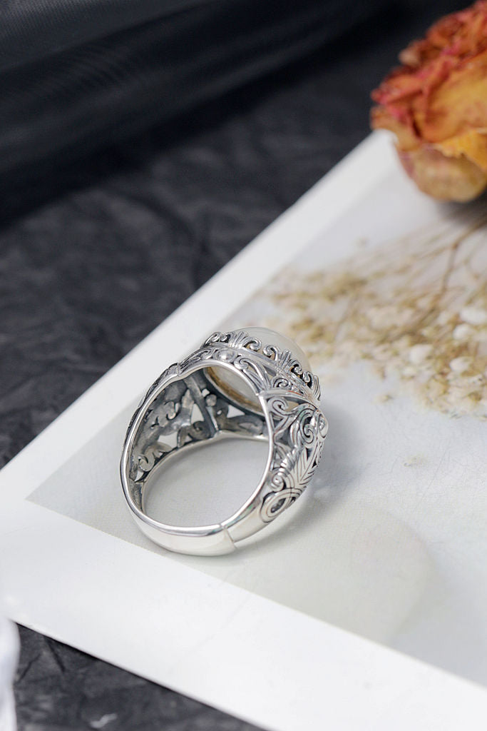 Inlaid Natural Mabe Pearl Adjustable Rings Trendy Combines Vintage Elements with Design 925 Sterling Silver Rings Jewelry Gift