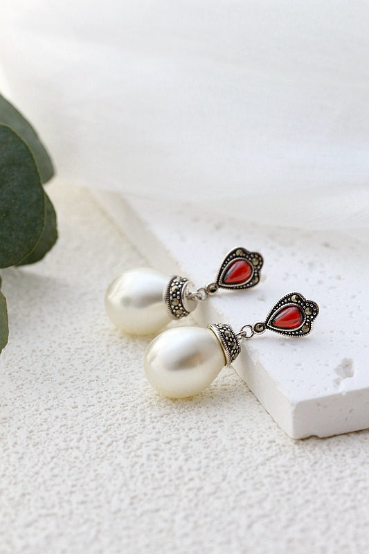 Authentic 925 Sterling Silver Lady Retro Charm Inlaid Trendy Style Imitation Pearl and Red Zircon Earring Jewelry Gift