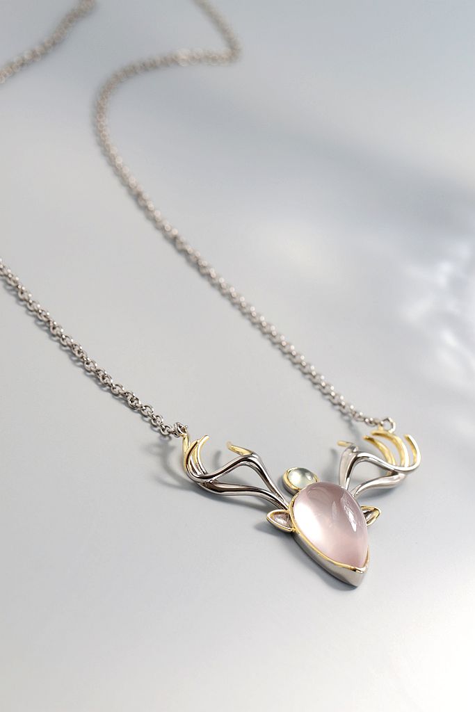 925 Sterling Silver Pendant Inlaid Natural Rose Quartz And Prehnite Fashion Creative elk Silver Necklace