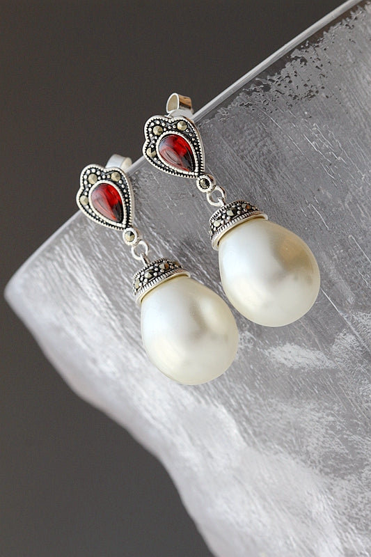 Authentic 925 Sterling Silver Lady Retro Charm Inlaid Trendy Style Imitation Pearl and Red Zircon Earring Jewelry Gift