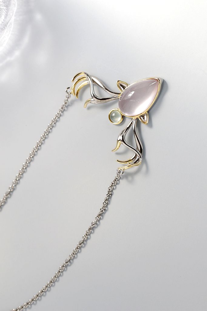 925 Sterling Silver Pendant Inlaid Natural Rose Quartz And Prehnite Fashion Creative elk Silver Necklace