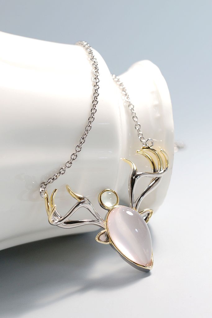 925 Sterling Silver Pendant Inlaid Natural Rose Quartz And Prehnite Fashion Creative elk Silver Necklace