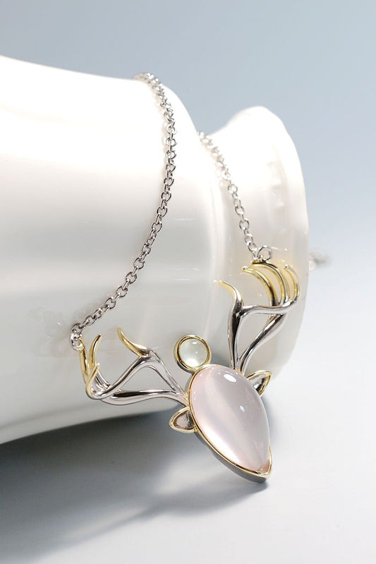 925 Sterling Silver Pendant Inlaid Natural Rose Quartz And Prehnite Fashion Creative elk Silver Necklace