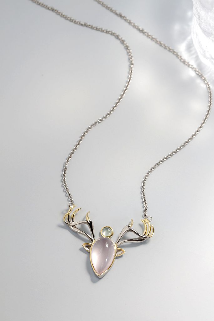 925 Sterling Silver Pendant Inlaid Natural Rose Quartz And Prehnite Fashion Creative elk Silver Necklace
