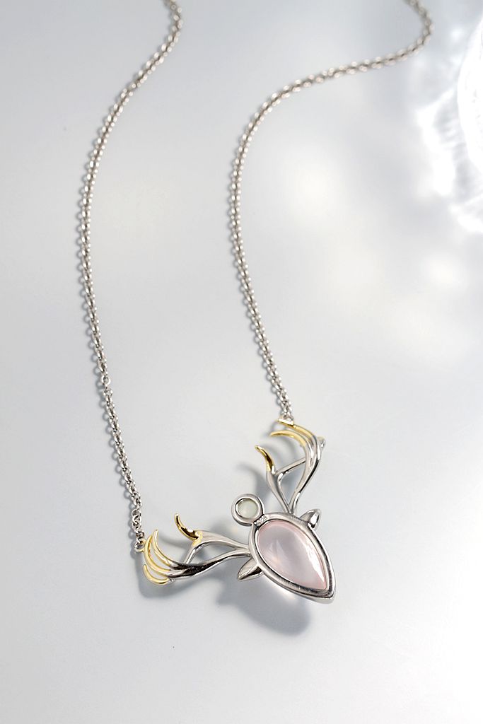 925 Sterling Silver Pendant Inlaid Natural Rose Quartz And Prehnite Fashion Creative elk Silver Necklace
