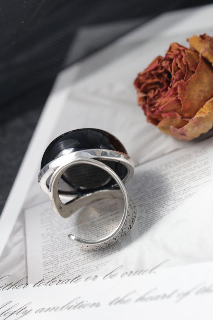 Nostalgia Antique Patterns 925 Sterling Silver Ring Inlaid Natural Black Agate Rings Grandeur Individuality Trendy Jewelry Gift