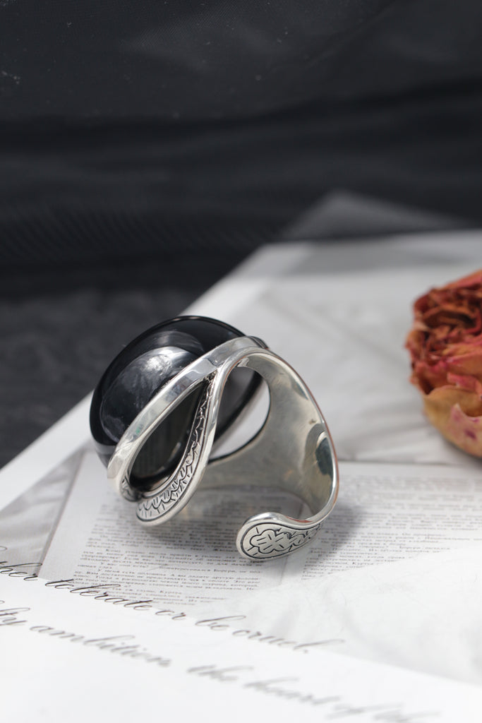 Nostalgia Antique Patterns 925 Sterling Silver Ring Inlaid Natural Black Agate Rings Grandeur Individuality Trendy Jewelry Gift