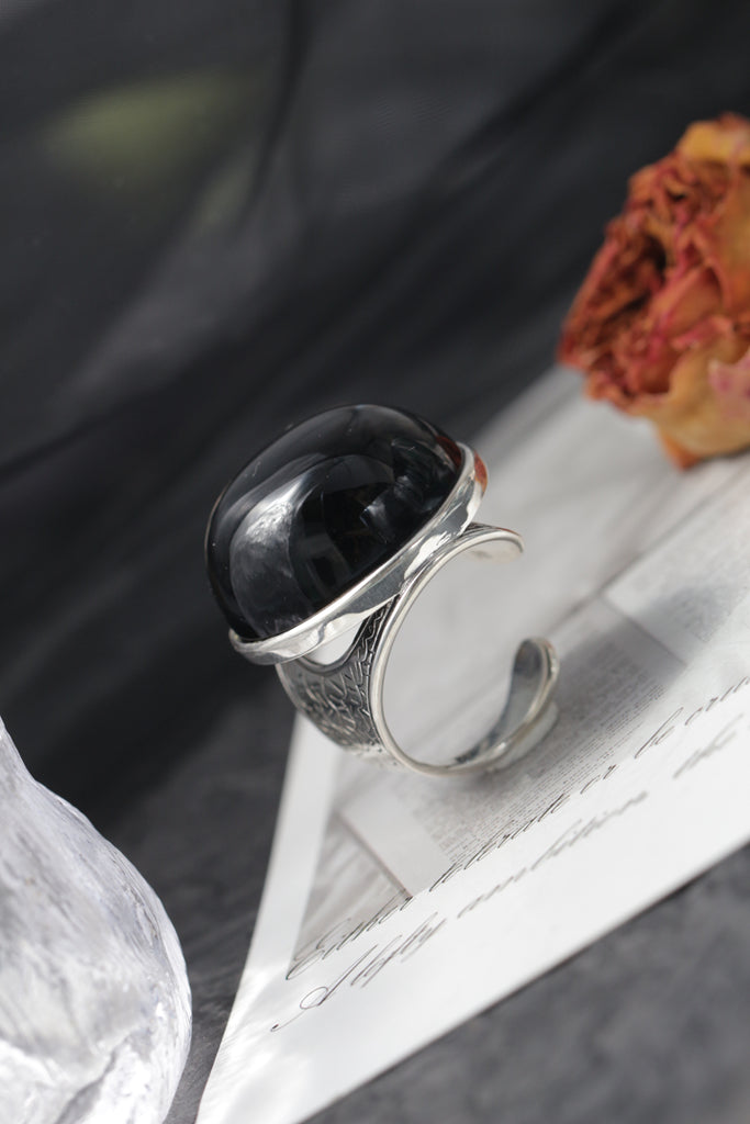 Nostalgia Antique Patterns 925 Sterling Silver Ring Inlaid Natural Black Agate Rings Grandeur Individuality Trendy Jewelry Gift