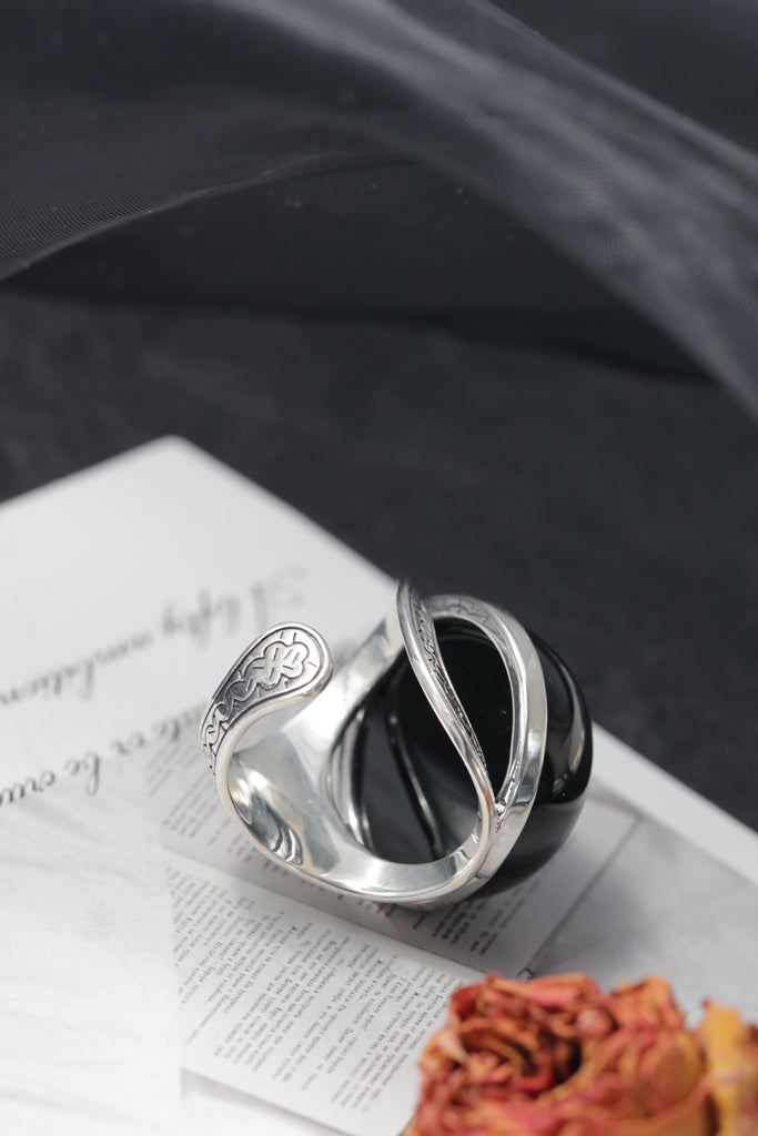 Nostalgia Antique Patterns 925 Sterling Silver Ring Inlaid Natural Black Agate Rings Grandeur Individuality Trendy Jewelry Gift