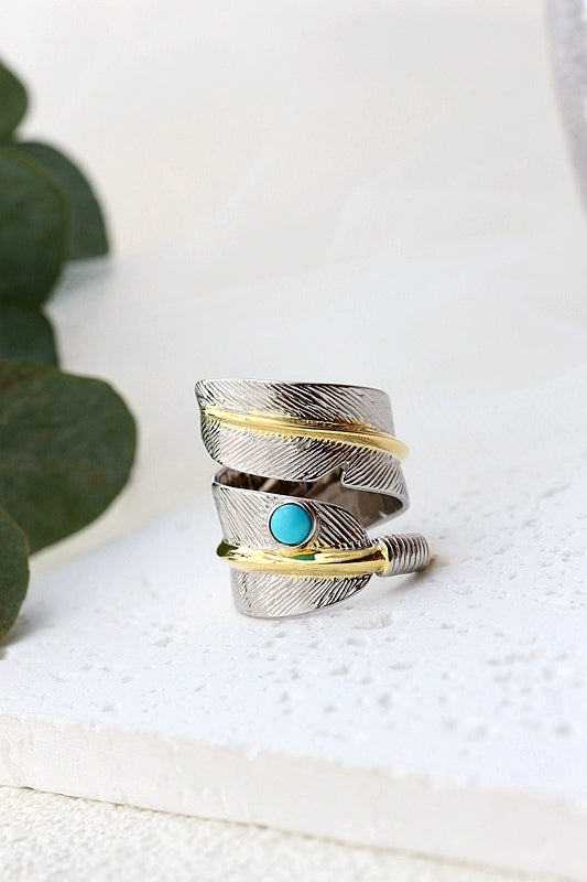 925 Sterling Silver Rings Inlaid Natural Turquoise Feather Rings Fashion Jewelry Gifts Adjustable Size Retro Women Open Ring