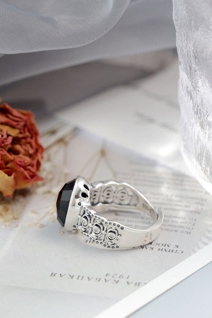Authentic 925 Sterling Silver Adjustable Ring Inlaid Natural Black Agate Elegance Vintage Rings Classical Trendy Jewelry Gift