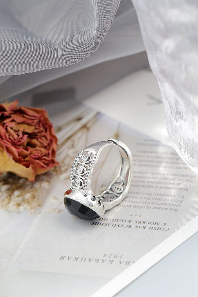Authentic 925 Sterling Silver Adjustable Ring Inlaid Natural Black Agate Elegance Vintage Rings Classical Trendy Jewelry Gift