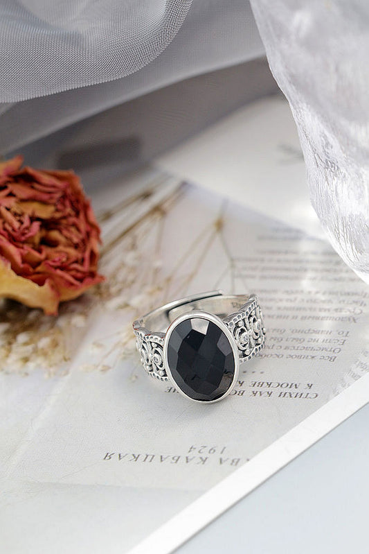 Authentic 925 Sterling Silver Adjustable Ring Inlaid Natural Black Agate Elegance Vintage Rings Classical Trendy Jewelry Gift