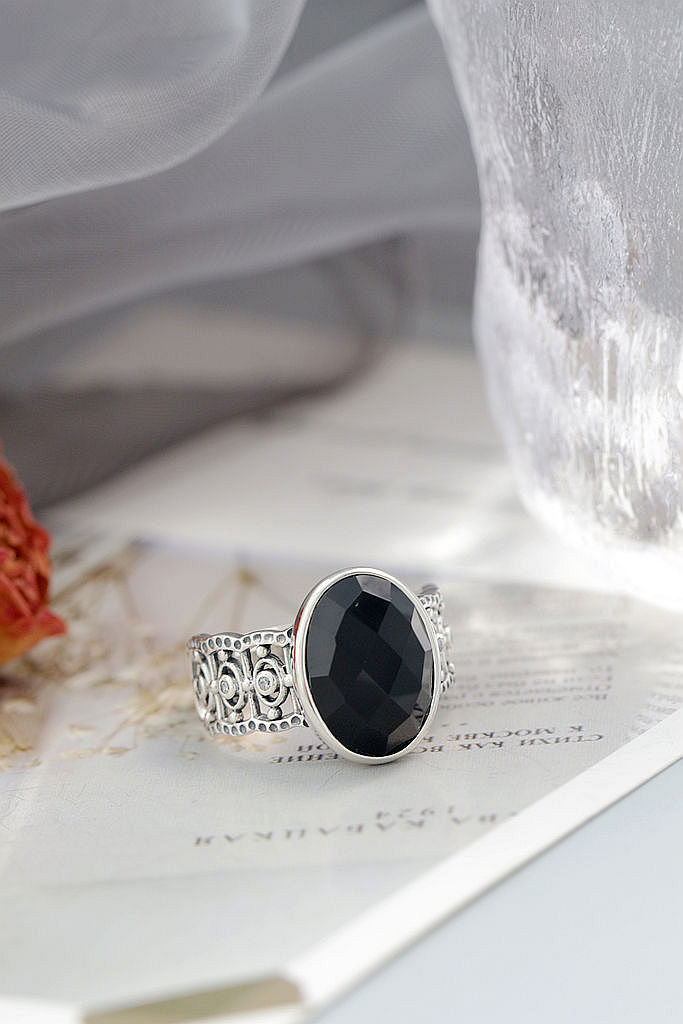 Authentic 925 Sterling Silver Adjustable Ring Inlaid Natural Black Agate Elegance Vintage Rings Classical Trendy Jewelry Gift