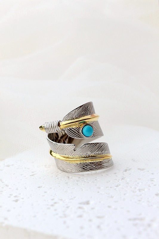 925 Sterling Silver Rings Inlaid Natural Turquoise Feather Rings Fashion Jewelry Gifts Adjustable Size Retro Women Open Ring