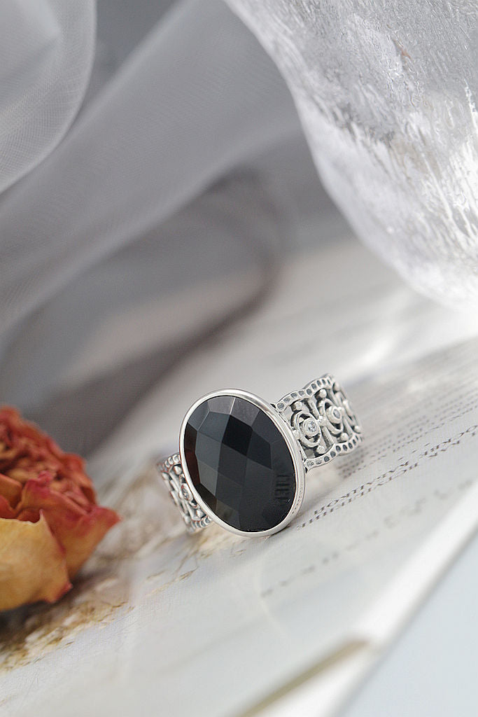 Authentic 925 Sterling Silver Adjustable Ring Inlaid Natural Black Agate Elegance Vintage Rings Classical Trendy Jewelry Gift