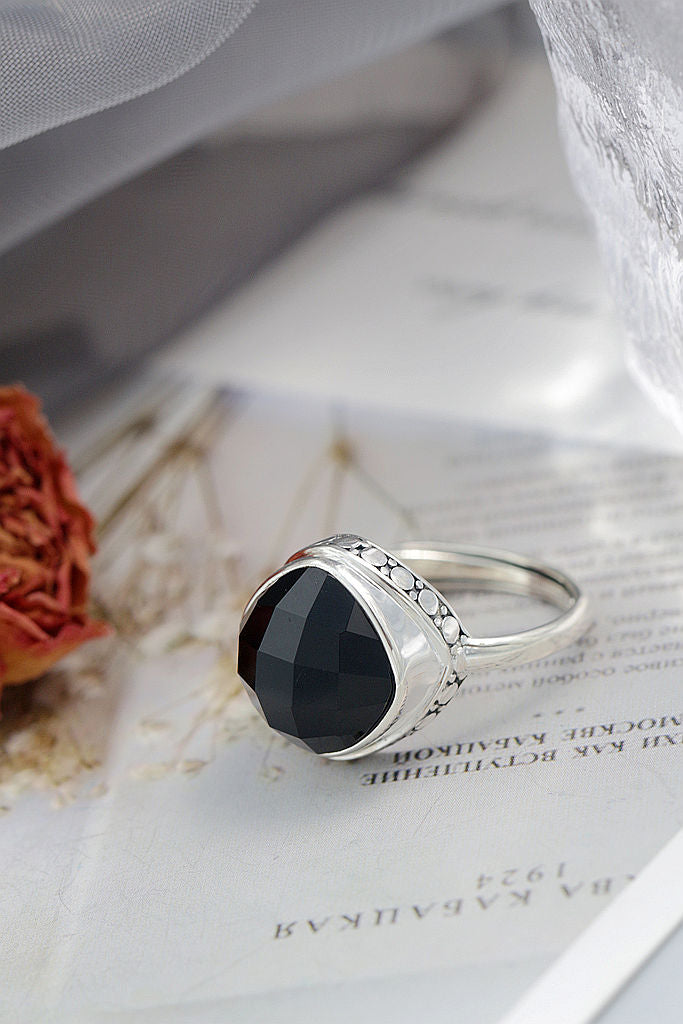 Classical Elegance Retro Patterns 925 Sterling Silver Opening Ring Inlaid Natural Black Agate Rings Delicate Trendy Jewelry Gift