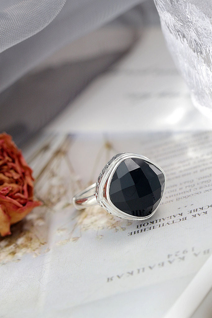 Classical Elegance Retro Patterns 925 Sterling Silver Opening Ring Inlaid Natural Black Agate Rings Delicate Trendy Jewelry Gift