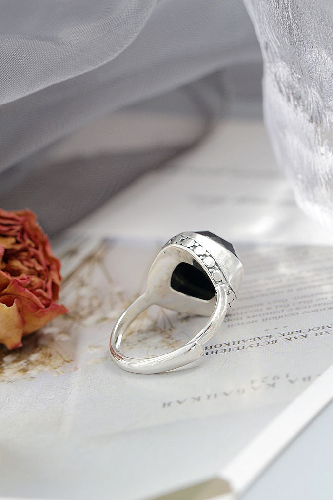 Classical Elegance Retro Patterns 925 Sterling Silver Opening Ring Inlaid Natural Black Agate Rings Delicate Trendy Jewelry Gift