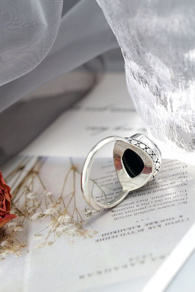 Classical Elegance Retro Patterns 925 Sterling Silver Opening Ring Inlaid Natural Black Agate Rings Delicate Trendy Jewelry Gift