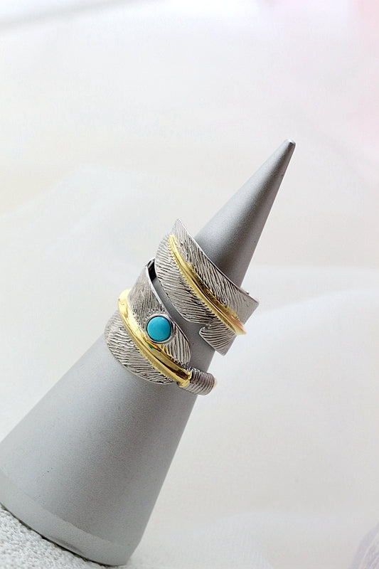 925 Sterling Silver Rings Inlaid Natural Turquoise Feather Rings Fashion Jewelry Gifts Adjustable Size Retro Women Open Ring