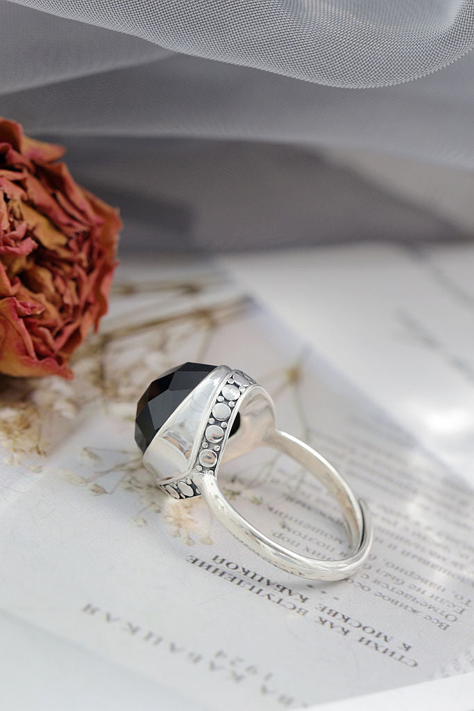 Classical Elegance Retro Patterns 925 Sterling Silver Opening Ring Inlaid Natural Black Agate Rings Delicate Trendy Jewelry Gift