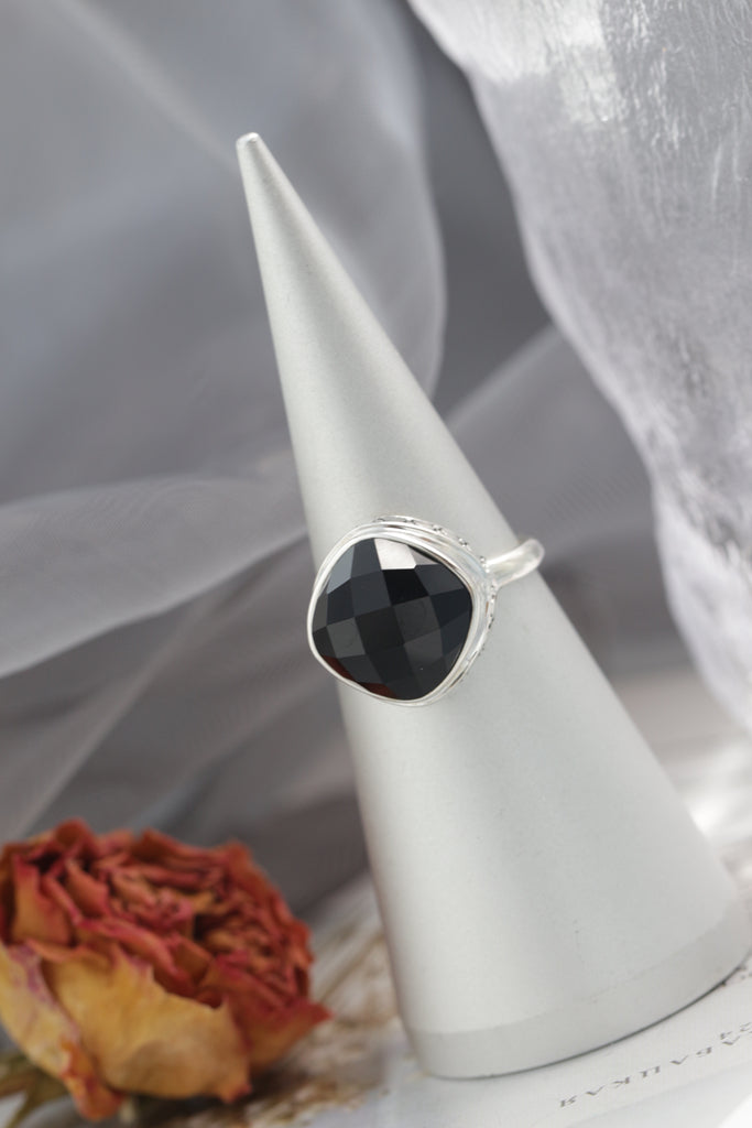Classical Elegance Retro Patterns 925 Sterling Silver Opening Ring Inlaid Natural Black Agate Rings Delicate Trendy Jewelry Gift