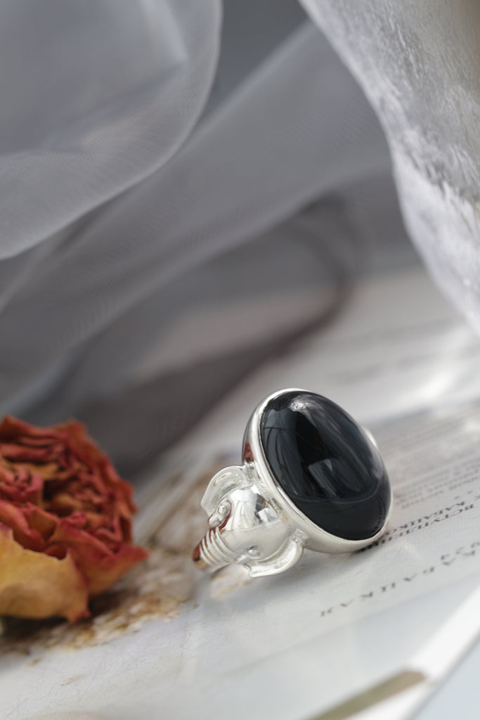 Authentic 925 Sterling Silver Ring Inlaid Natural Black Agate Elephant Motifs Rings Elegant and Dignified Trendy Jewelry Gift