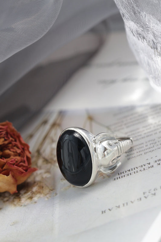 Authentic 925 Sterling Silver Ring Inlaid Natural Black Agate Elephant Motifs Rings Elegant and Dignified Trendy Jewelry Gift